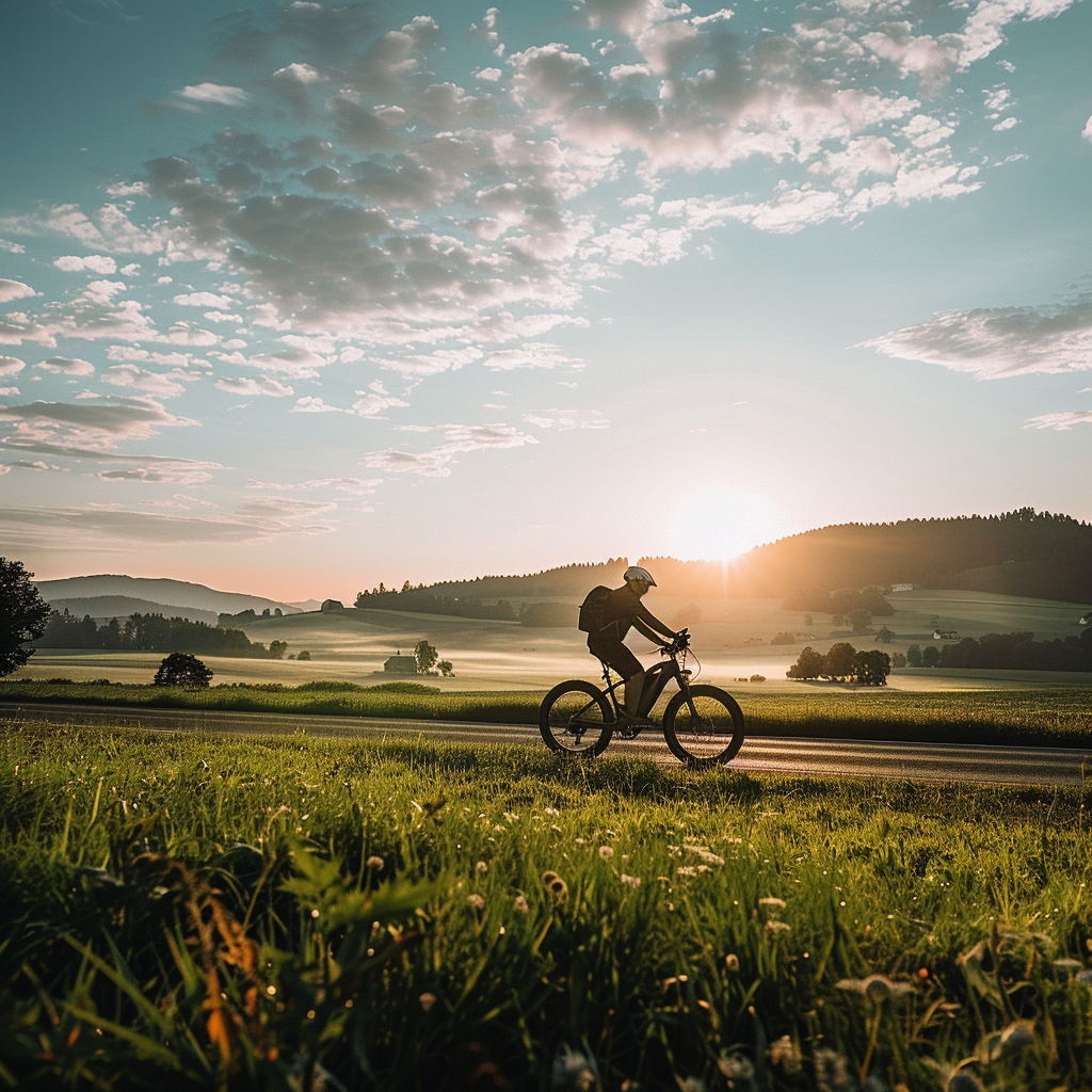 Questa immagine mostra un uomo in vacanza in bicicletta. Sta pedalando su una mountain bike attraverso un paesaggio collinare con un sole basso.