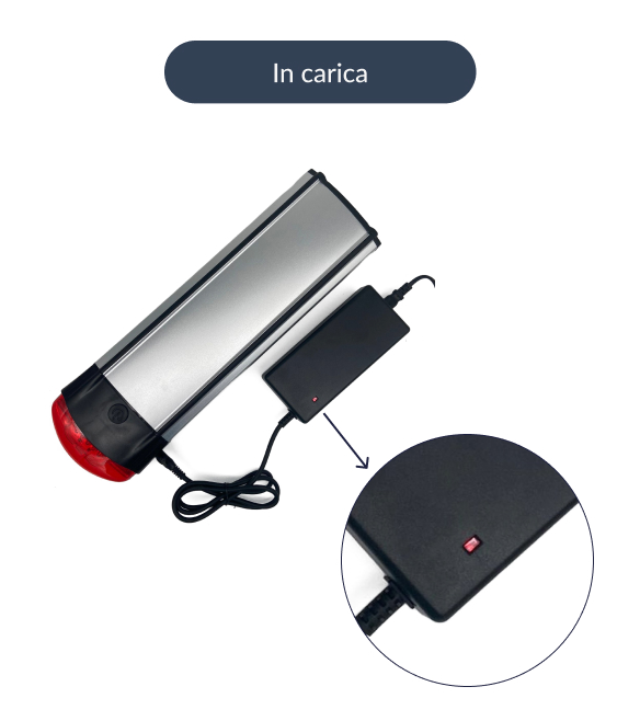 Questa immagine mostra una batteria per bicicletta Stella con il caricabatterie collegato. La batteria è in carica, la spia del caricabatterie è rossa.