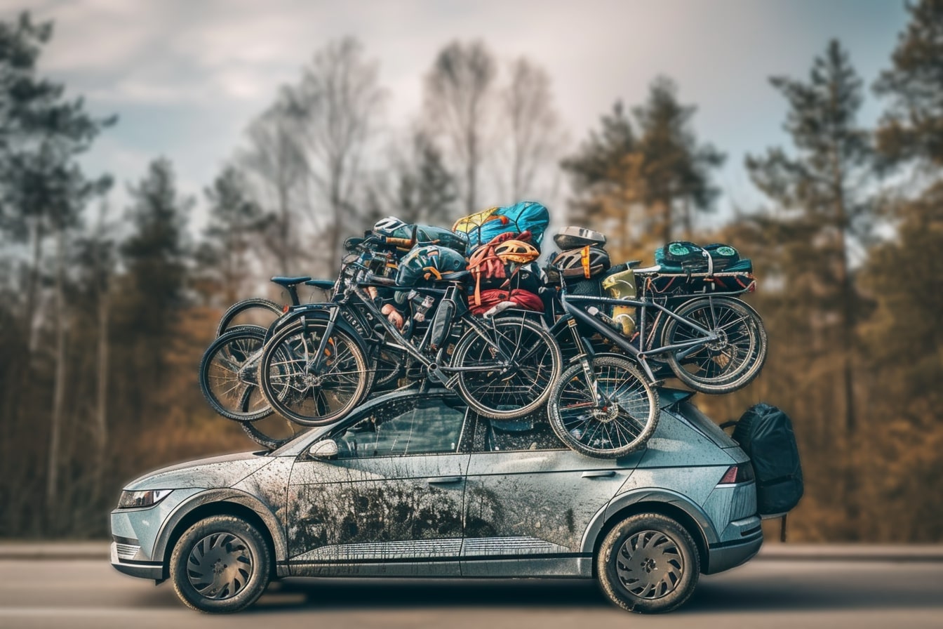 Questa immagine mostra una serie di biciclette attaccate sopra un'auto in modo umoristico.